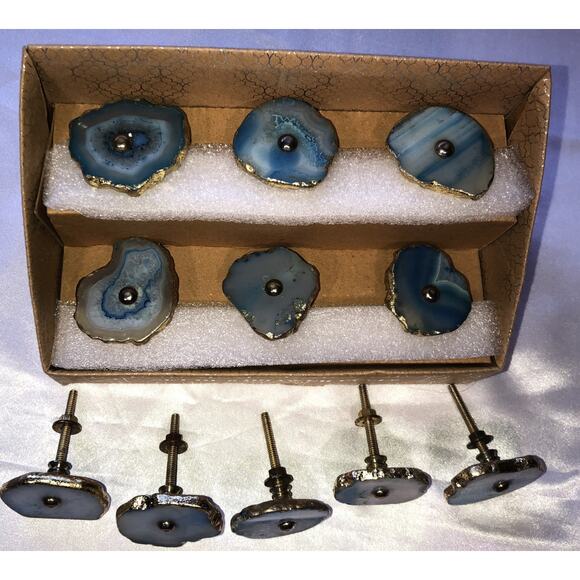 Drawer Cabinet Pull Knobs Sliced Agate Stone Blue Gold Lot of 11 NEW - Picture 2 of 8
